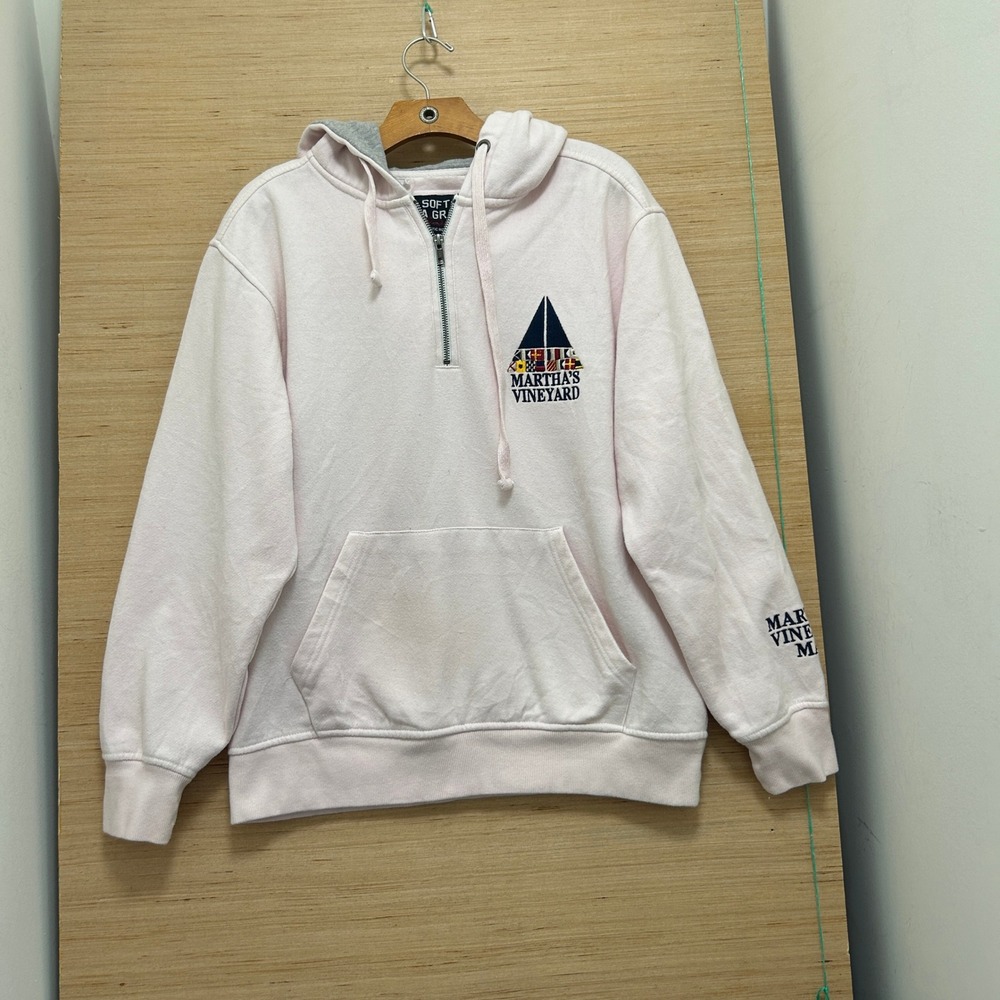 Soft As A Grape Marthas Vineyard Quarter Zip Hoodie Pink Medium Nautical Graphic